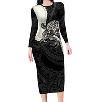 Black Polynesia Tribal Octopus Tattoo Long Sleeve Bodycon Dress Pikake Lei Polynesian Pattern