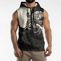 Black Polynesia Tribal Octopus Tattoo Sleeveless Zip Hoodie Pikake Lei Polynesian Pattern