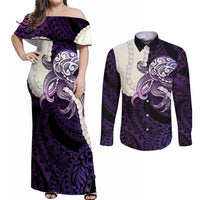 Purple Galaxy Polynesia Tribal Octopus Tattoo Couples Matching Off Shoulder Maxi Dress and Long Sleeve Button Shirt Pikake Lei Polynesian Pattern