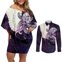 Purple Galaxy Polynesia Tribal Octopus Tattoo Couples Matching Off Shoulder Short Dress and Long Sleeve Button Shirt Pikake Lei Polynesian Pattern