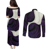 Purple Galaxy Polynesia Tribal Octopus Tattoo Couples Matching Puletasi and Long Sleeve Button Shirt Pikake Lei Polynesian Pattern