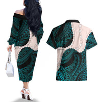 Teal Galaxy Polynesia Tribal Octopus Tattoo Couples Matching Off The Shoulder Long Sleeve Dress and Hawaiian Shirt Pikake Lei Polynesian Pattern