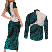 Teal Galaxy Polynesia Tribal Octopus Tattoo Couples Matching Short Sleeve Bodycon Dress and Long Sleeve Button Shirt Pikake Lei Polynesian Pattern