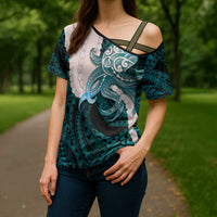 Teal Galaxy Polynesia Tribal Octopus Tattoo Cross Shoulder Shirt Pikake Lei Polynesian Pattern