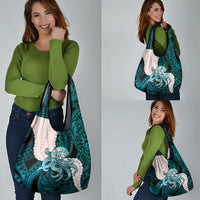 Teal Galaxy Polynesia Tribal Octopus Tattoo Grocery Bag Pikake Lei Polynesian Pattern