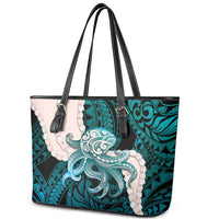 Teal Galaxy Polynesia Tribal Octopus Tattoo Leather Tote Bag Pikake Lei Polynesian Pattern