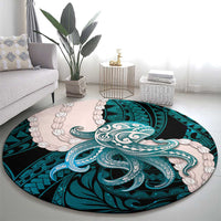 Teal Galaxy Polynesia Tribal Octopus Tattoo Round Carpet Pikake Lei Polynesian Pattern