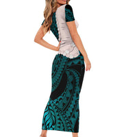 Teal Galaxy Polynesia Tribal Octopus Tattoo Short Sleeve Bodycon Dress Pikake Lei Polynesian Pattern
