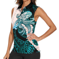 Teal Galaxy Polynesia Tribal Octopus Tattoo Women Sleeveless Polo Shirt Pikake Lei Polynesian Pattern