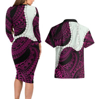Pink Galaxy Polynesia Tribal Octopus Tattoo Couples Matching Long Sleeve Bodycon Dress and Hawaiian Shirt Pikake Lei Polynesian Pattern