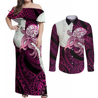 Pink Galaxy Polynesia Tribal Octopus Tattoo Couples Matching Off Shoulder Maxi Dress and Long Sleeve Button Shirt Pikake Lei Polynesian Pattern