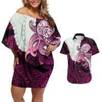 Pink Galaxy Polynesia Tribal Octopus Tattoo Couples Matching Off Shoulder Short Dress and Hawaiian Shirt Pikake Lei Polynesian Pattern
