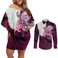 Pink Galaxy Polynesia Tribal Octopus Tattoo Couples Matching Off Shoulder Short Dress and Long Sleeve Button Shirt Pikake Lei Polynesian Pattern