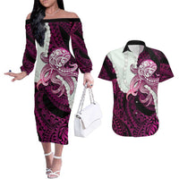 Pink Galaxy Polynesia Tribal Octopus Tattoo Couples Matching Off The Shoulder Long Sleeve Dress and Hawaiian Shirt Pikake Lei Polynesian Pattern LT14 Pink - Polynesian Pride