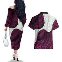 Pink Galaxy Polynesia Tribal Octopus Tattoo Couples Matching Off The Shoulder Long Sleeve Dress and Hawaiian Shirt Pikake Lei Polynesian Pattern LT14 - Polynesian Pride
