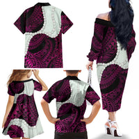 Pink Galaxy Polynesia Tribal Octopus Tattoo Family Matching Off The Shoulder Long Sleeve Dress and Hawaiian Shirt Pikake Lei Polynesian Pattern LT14 - Polynesian Pride