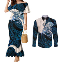 Blue Galaxy Polynesia Tribal Octopus Tattoo Couples Matching Mermaid Dress and Long Sleeve Button Shirt Pikake Lei Polynesian Pattern