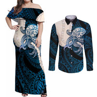 Blue Galaxy Polynesia Tribal Octopus Tattoo Couples Matching Off Shoulder Maxi Dress and Long Sleeve Button Shirt Pikake Lei Polynesian Pattern