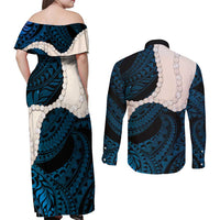 Blue Galaxy Polynesia Tribal Octopus Tattoo Couples Matching Off Shoulder Maxi Dress and Long Sleeve Button Shirt Pikake Lei Polynesian Pattern