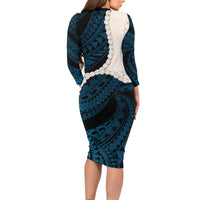 Blue Galaxy Polynesia Tribal Octopus Tattoo Long Sleeve Bodycon Dress Pikake Lei Polynesian Pattern