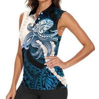 Blue Galaxy Polynesia Tribal Octopus Tattoo Women Sleeveless Polo Shirt Pikake Lei Polynesian Pattern
