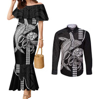 Kanaloa Aloha Hawaii Couples Matching Mermaid Dress and Long Sleeve Button Shirt Humpback Whale Octopus Tattoo Kakau Pattern LT14 Black - Polynesian Pride