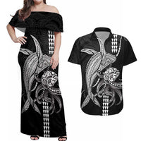 Kanaloa Aloha Hawaii Couples Matching Off Shoulder Maxi Dress and Hawaiian Shirt Humpback Whale Octopus Tattoo Kakau Pattern LT14 Black - Polynesian Pride