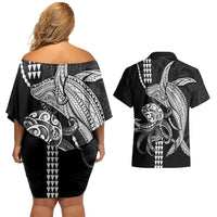 Kanaloa Aloha Hawaii Couples Matching Off Shoulder Short Dress and Hawaiian Shirt Humpback Whale Octopus Tattoo Kakau Pattern LT14 - Polynesian Pride