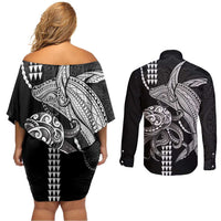 Kanaloa Aloha Hawaii Couples Matching Off Shoulder Short Dress and Long Sleeve Button Shirt Humpback Whale Octopus Tattoo Kakau Pattern LT14 - Polynesian Pride
