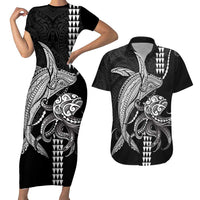 Kanaloa Aloha Hawaii Couples Matching Short Sleeve Bodycon Dress and Hawaiian Shirt Humpback Whale Octopus Tattoo Kakau Pattern LT14 Black - Polynesian Pride