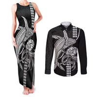 Kanaloa Aloha Hawaii Couples Matching Tank Maxi Dress and Long Sleeve Button Shirt Humpback Whale Octopus Tattoo Kakau Pattern LT14 Black - Polynesian Pride