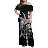 Kanaloa Aloha Hawaii Family Matching Off Shoulder Maxi Dress and Hawaiian Shirt Humpback Whale Octopus Tattoo Kakau Pattern LT14 Mom's Dress Black - Polynesian Pride