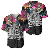 Personalised Hawaii Baseball Jersey Humpback Whale Tattoo With Tropical Flowers Black