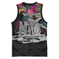 Personalised Hawaii Basketball Jersey Humpback Whale Tattoo With Tropical Flowers Black