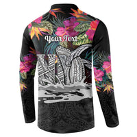 Personalised Hawaii Button Sweatshirt Humpback Whale Tattoo With Tropical Flowers Black