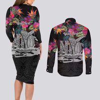 Personalised Hawaii Couples Matching Long Sleeve Bodycon Dress and Long Sleeve Button Shirt Humpback Whale Tattoo With Tropical Flowers Black LT14 - Polynesian Pride