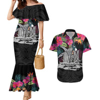 Personalised Hawaii Couples Matching Mermaid Dress and Hawaiian Shirt Humpback Whale Tattoo With Tropical Flowers Black LT14 Black - Polynesian Pride