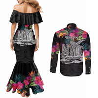 Personalised Hawaii Couples Matching Mermaid Dress and Long Sleeve Button Shirt Humpback Whale Tattoo With Tropical Flowers Black LT14 - Polynesian Pride