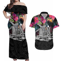 Personalised Hawaii Couples Matching Off Shoulder Maxi Dress and Hawaiian Shirt Humpback Whale Tattoo With Tropical Flowers Black LT14 Black - Polynesian Pride