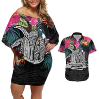 Personalised Hawaii Couples Matching Off Shoulder Short Dress and Hawaiian Shirt Humpback Whale Tattoo With Tropical Flowers Black LT14 Black - Polynesian Pride