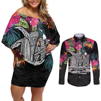 Personalised Hawaii Couples Matching Off Shoulder Short Dress and Long Sleeve Button Shirt Humpback Whale Tattoo With Tropical Flowers Black LT14 Black - Polynesian Pride
