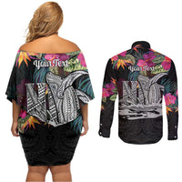 Personalised Hawaii Couples Matching Off Shoulder Short Dress and Long Sleeve Button Shirt Humpback Whale Tattoo With Tropical Flowers Black LT14 - Polynesian Pride