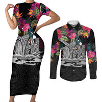 Personalised Hawaii Couples Matching Short Sleeve Bodycon Dress and Long Sleeve Button Shirt Humpback Whale Tattoo With Tropical Flowers Black LT14 Black - Polynesian Pride