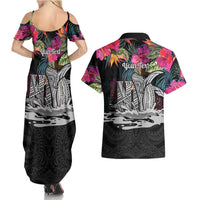 Personalised Hawaii Couples Matching Summer Maxi Dress and Hawaiian Shirt Humpback Whale Tattoo With Tropical Flowers Black LT14 - Polynesian Pride