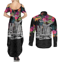 Personalised Hawaii Couples Matching Summer Maxi Dress and Long Sleeve Button Shirt Humpback Whale Tattoo With Tropical Flowers Black LT14 - Polynesian Pride