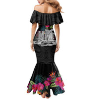 Personalised Hawaii Family Matching Mermaid Dress and Hawaiian Shirt Humpback Whale Tattoo With Tropical Flowers Black LT14 - Polynesian Pride