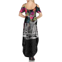 Personalised Hawaii Family Matching Summer Maxi Dress and Hawaiian Shirt Humpback Whale Tattoo With Tropical Flowers Black LT14 - Polynesian Pride