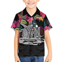 Personalised Hawaii Kid Hawaiian Shirt Humpback Whale Tattoo With Tropical Flowers Black