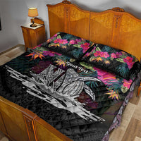 Personalised Hawaii Quilt Bed Set Humpback Whale Tattoo With Tropical Flowers Black