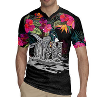 Personalised Hawaii Rugby Jersey Humpback Whale Tattoo With Tropical Flowers Black